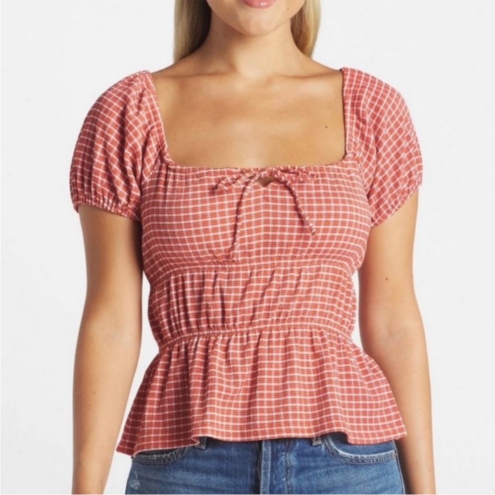 Madewell‎ NWT Omaha Tiered Peplum Top Orange and White Gingham